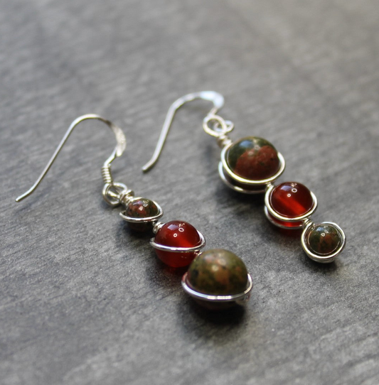 CARNELIAN & UNAKITE Asymmetric Earrings - Sterling Silver