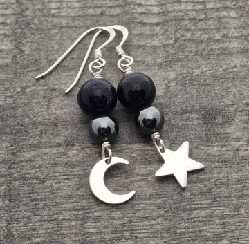 BLUE GOLDSTONE & HEMATITE Earrings - Sterling Silver
