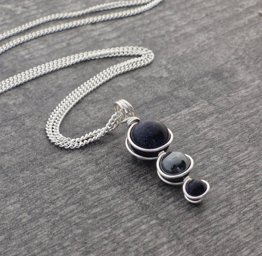 BLUE GOLDSTONE & HEMATITE Pendant - Sterling Silver