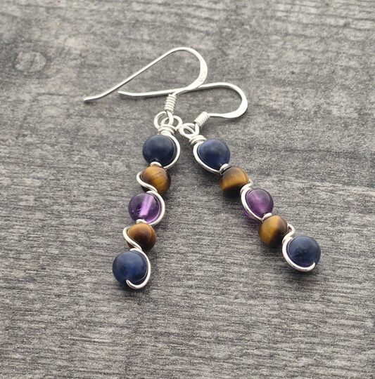 AMETHYST, SODALITE & TIGER'S EYE Earrings - Sterling Silver