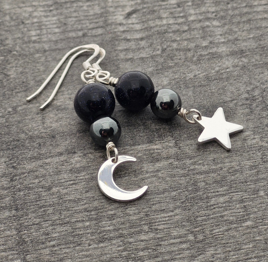 BLUE GOLDSTONE & HEMATITE Earrings - Sterling Silver