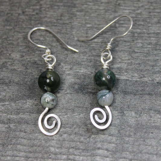 MOSS AGATE & TREE AGATE Spiral Earrings - Sterling Silver